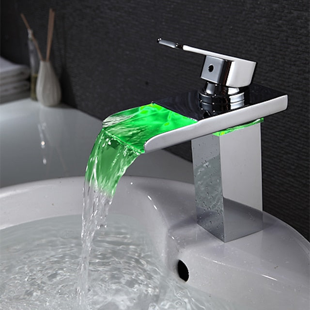 Bathroom Sink Faucet with Supply Hose,LED Waterfall Spout Single Handle Single Hole Vessel Lavatory Faucet,Slanted Body Basin Mixer Tap