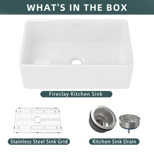 33  Inch Fireclay Farmhouse Kitchen Sink White Single Bowl Apron Front Kitchen Sink, Bottom Grid and Kitchen Sink Drain Included