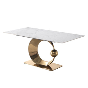 71-Inch Stone DiningTable with Carrara White color and Round special shape stainless steel Gold Pedestal Base