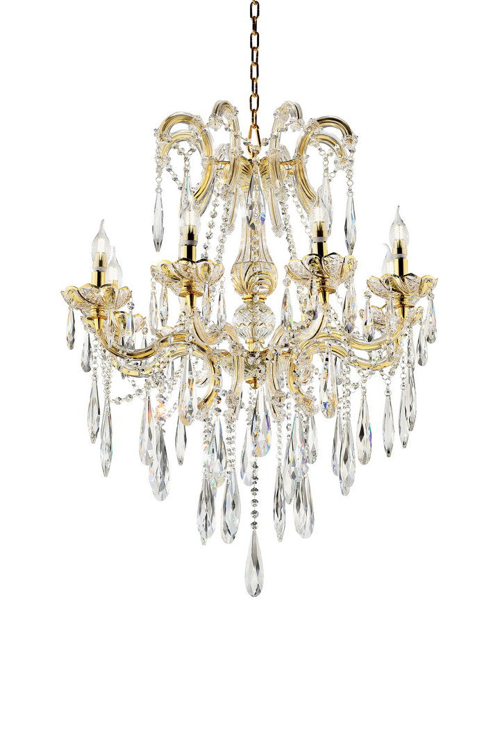 35" Tall" Luminere" 8 LED Light Chandelier with Crystals, Matte Gold and Crystal